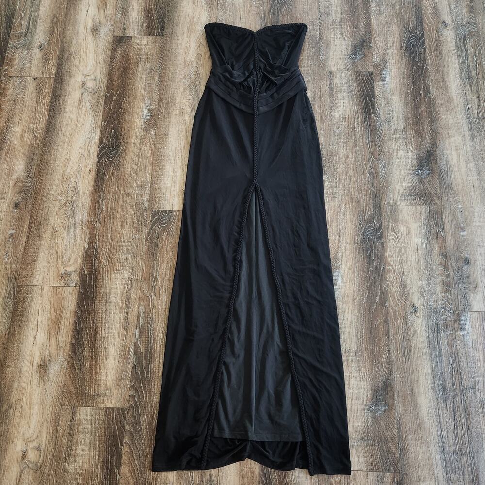 Retrofete Black Strapless Maxi Dress XS? Braided Hems Sample Thigh High Slit